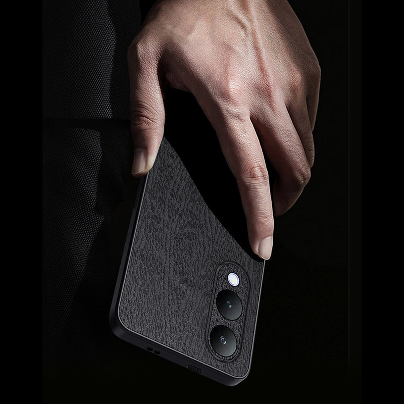 For vivo Y17s 4G Cell Phone Case Fall-proof Wood Grain PU+PC+TPU Back Cover - Black For vivo Y17s 4G Cell Phone Case Fall-proof Wood Grain PU+PC+TPU Back Cover - Black